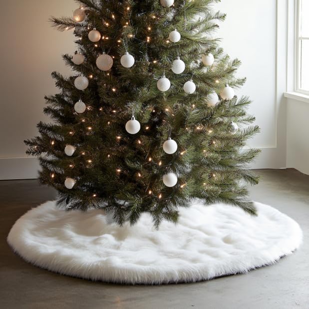 48-Inch White Faux Fur Christmas Tree Skirt - Luxury Plush Base Cover