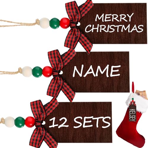 12-Piece DIY Christmas Stocking Name Tags with Wood Beads and Bow
