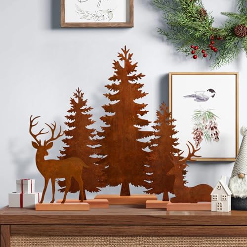 KPX Set of 5 Metal Christmas Tree and Deer Tabletop Decor, Rusty
