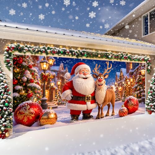 THISFIND 7x16 FT Santa & Reindeer Christmas Garage Door Banner - Outdoor Wall Mural