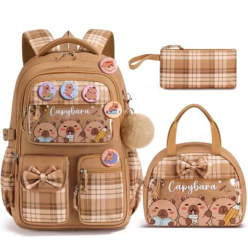 Cute Capybara Girls School Backpack Set with Lunch Box and Pencil Case