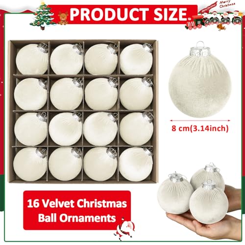 Cream White Velvet Christmas Ornaments 3.14 Inch, Set of 16 Holiday Tree Decorations
