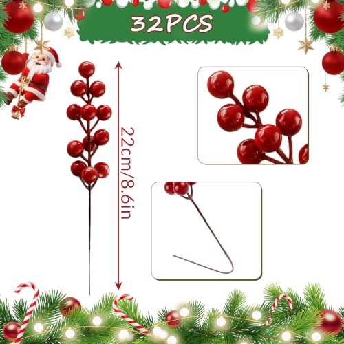 Fangoo 32 Pack 9" Artificial Burgundy Red Berry Picks for Christmas Tree - Red