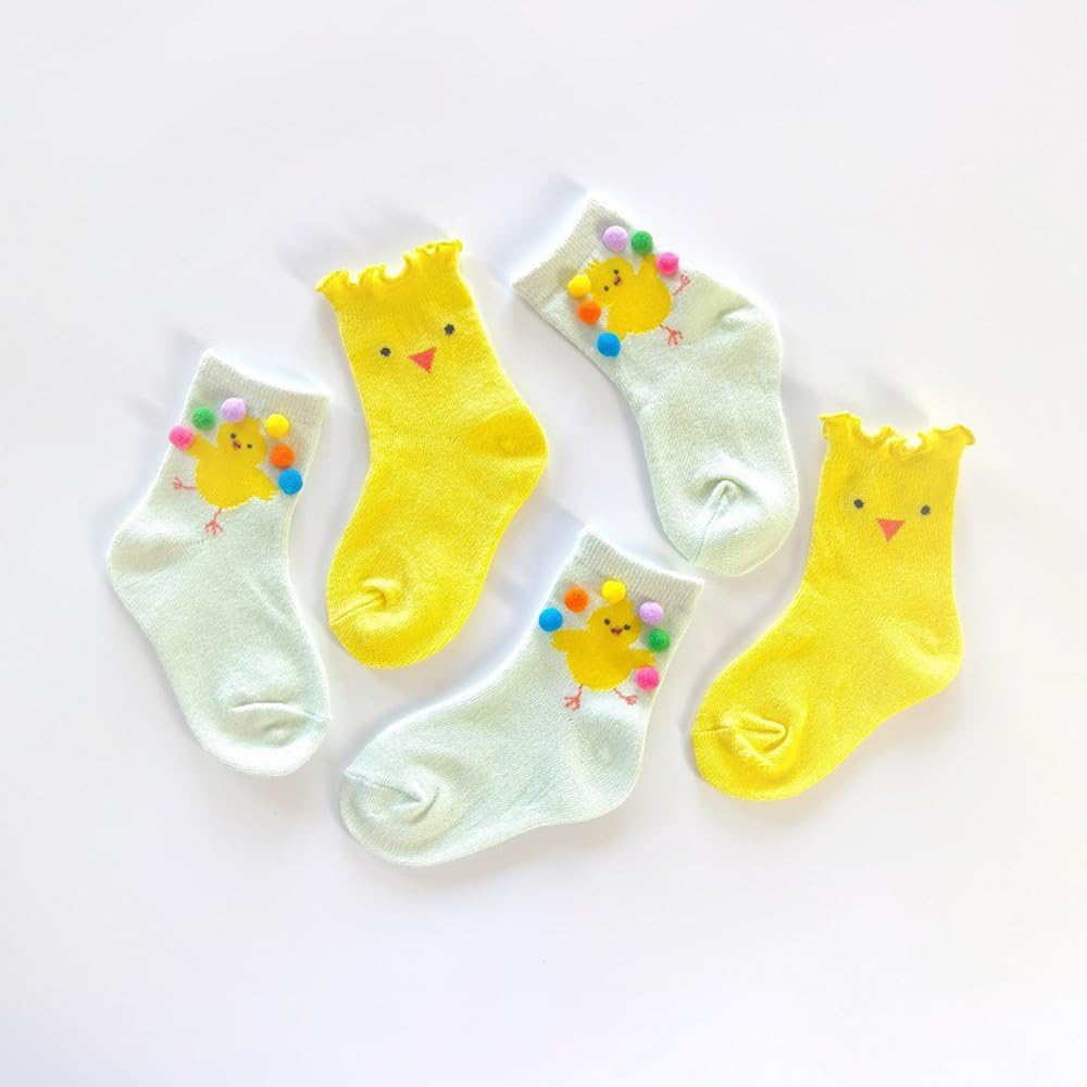 Skiennix Girls' Cozy Cotton Crew Socks - Fun Ruffle Design in Yellow Chick | Size 3-8 Years