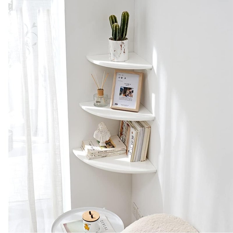 BEUGAWHOO White Corner Shelf, Wall Mount 12inch Natural Oak Wood Floating Corner Wall Shelf Round End Small Corner Nightstand Plant Shelf for Bedroom, Kitchen, Living Room Set of 2