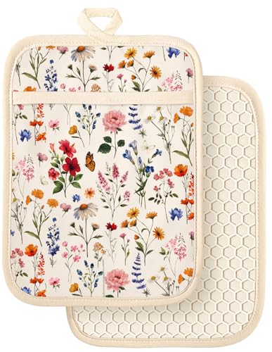 Silicone and Cotton Pot Holders with Pockets - Heat Resistant Hot Pads, 2 Pack
