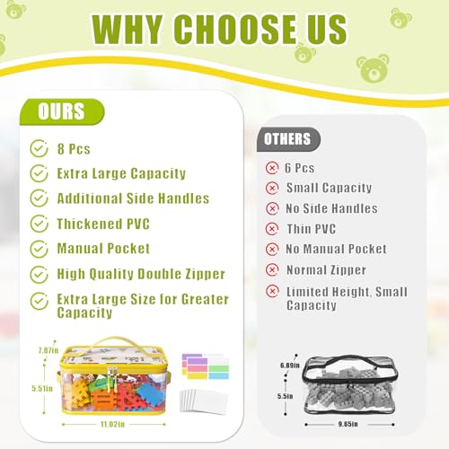 Clear Toy Storage Bags with Zipper & Handles - 8 Pack PVC Organizers