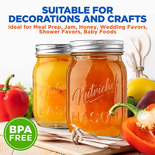 NutriChef 12-Pack 16 oz Mason Jars with Lids - Thick Glass Canning Jars with Stainless Steel Lids - Ideal for DIY Spices, Meal Prep, Overnight Oats, Jelly, Jam, Honey, Candles, Crafts, & More