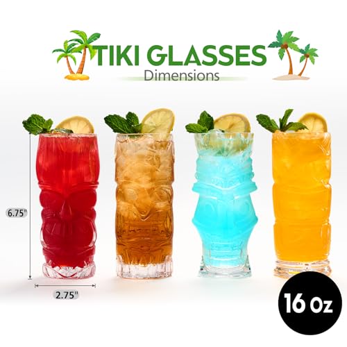 Set of 4 Clear Tiki Glasses, 16 Oz Tropical Cocktail Tumblers for Barware