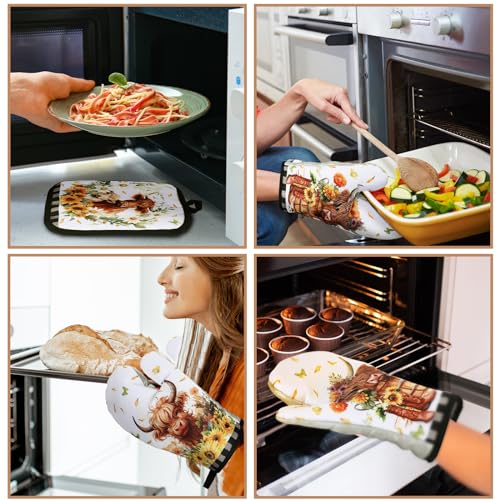 8-Piece Sunflower Highland Cow Kitchen Set: Towels, Oven Mitts & Pot Holders