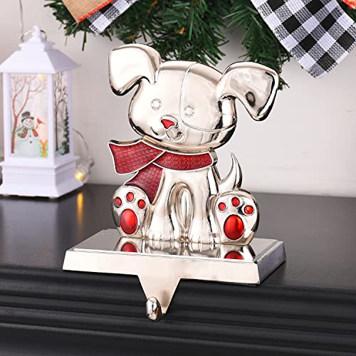 Layseri Christmas Dog Stocking Holder (New Dog) - Silver Mantle Clip Hanger for Fireplace