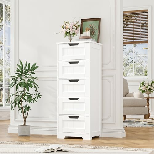 Slim Bathroom Storage Cabinet with 5 Drawers, Tall White Floor Organizer