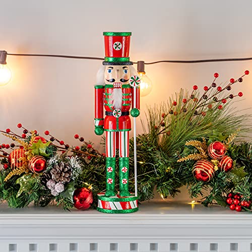 15-Inch Wooden Peppermint Nutcracker Figurine Christmas Candy Soldier Decor