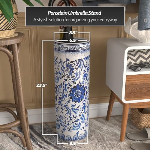 24-Inch Porcelain Umbrella Stand - Blue and White Floral Ceramic Holder