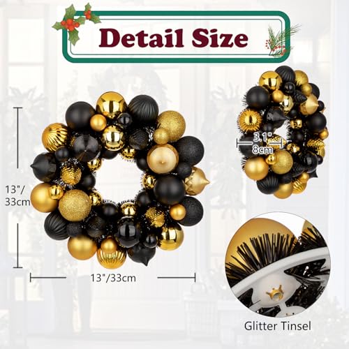 GnFlus Gold & Black Halloween Ball Wreath 13" Xmas Ornament Garland Decor