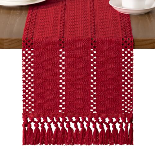 MLMW Boho Red Table Runner 12 x 48in Farmhouse Burlap, Dresser/Accent