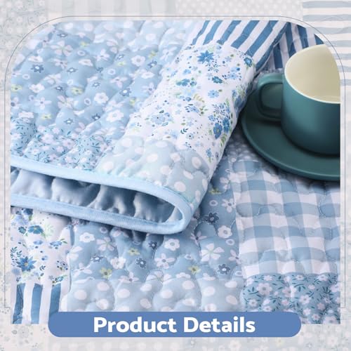 Blue Floral Patchwork Throw Blanket 50" x 60" Reversible Quilt
