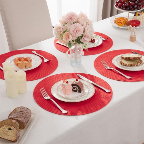 Red Braided Cotton Placemat Set of 4 - Washable Table Mats for Dining & Holidays