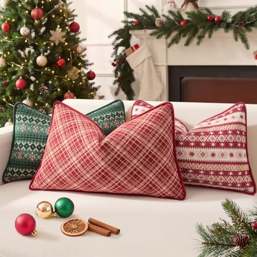 Kevin Textile Christmas Lumbar Pillow Cover 20x12in Red with Velvet Piping, Snowflake Design