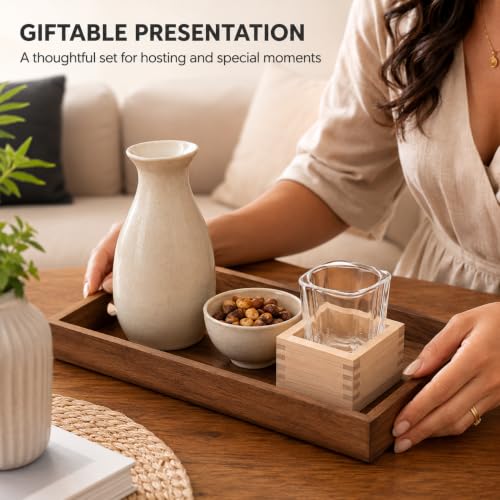 Japanese Sake Cups Set with Square Glass & Wooden Box | Traditional Drinkware