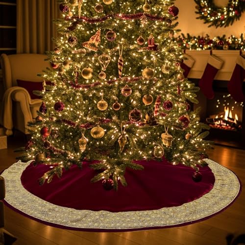 CYAOOI 72 Inch Extra Large Velvet Christmas Tree Skirt with Gold Glitter Trim