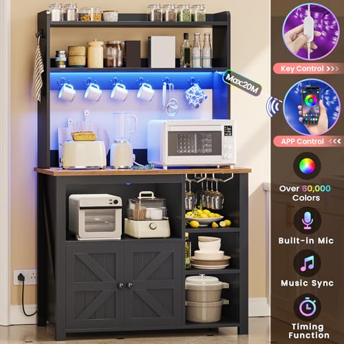 35.4-Inch Farmhouse Coffee Bar Cabinet with Power Outlet and LED Lights
