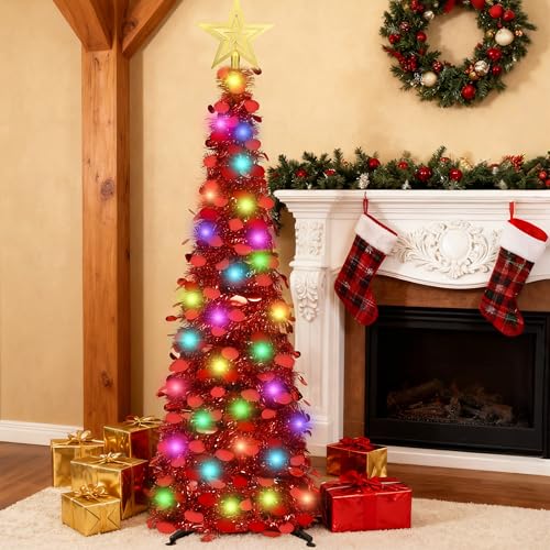 5ft Prelit Pop-Up Christmas Tinsel Pencil Tree with 50 LED Lights - Red