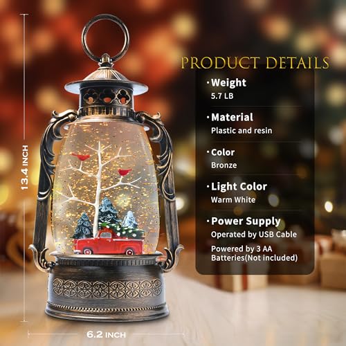 13.8-Inch Lighted Cardinal Musical Christmas Snow Globe Lantern with Timer