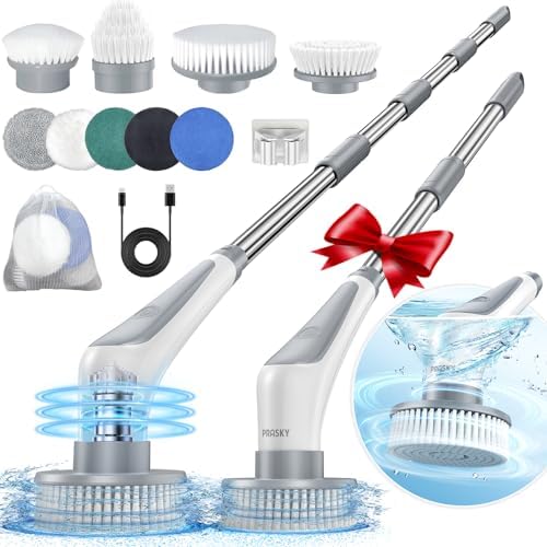 PRASKY Electric Spin Scrubber, Cordless Cleaning Brush with Adjustable Extension Arm & 7 Brush Heads, Power Shower Scrubber for Bathroom, Tub, Tile, Kitchen (White&Balck)