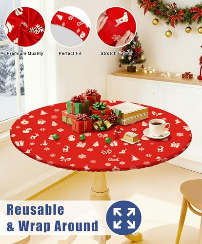 Round Spandex Christmas Red Fitted Tablecloth for 45"-56" Tables