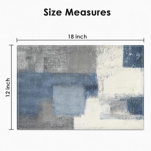 Abstract Blue Grey Linen Placemats Set of 4, 12x18 Inch Farmhouse Table Mats