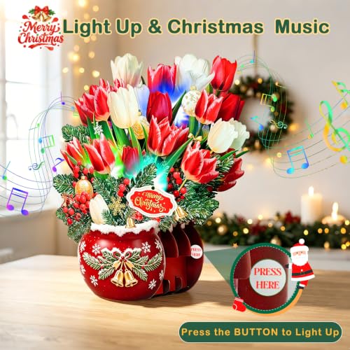 Rayilyn Christmas Tulips Pop Up Card with Lights & Music - 10.5 Inch Holiday Bouquet with Pine, Bells, Ornaments