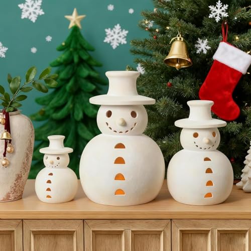 Handmade Terracotta Snowman Figurine - Rustic Christmas Decor & Tealight Holder