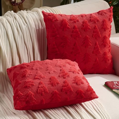 HAUSSY Christmas Throw Pillow Covers 12x20 Set of 2, Decorative Tree Lumbar Pillow Cases,Soft Faux Fur Winter Cushion Case for Xmas Home Decor,Couch Bed, Living Room,Red