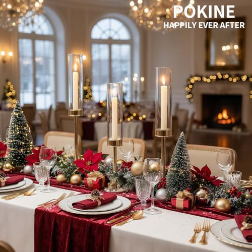 POKINE Gold 6pcs Taper Candle Holders Set – Varying Heights, Glass Candlestick Set