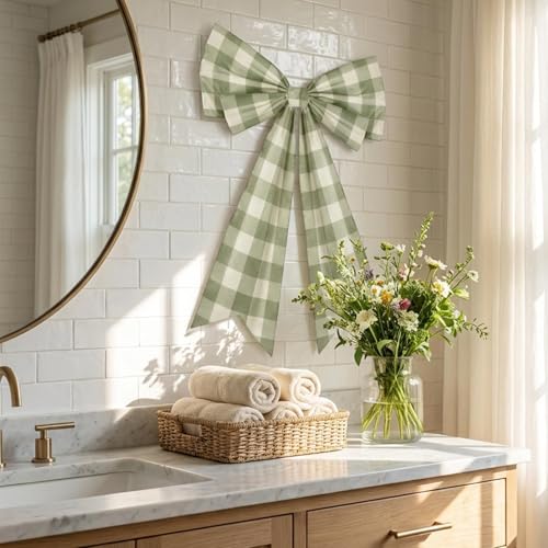 Large Sage Green Buffalo Check Bow for Wall & Backdrop Decor (28" x 22")