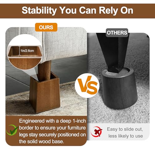 Heavy Duty Solid Wood Bed Risers 5 Inch, Non-Slip Furniture Lifts (2500 lbs)