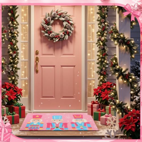 Pink Christmas Nutcracker Doormat - 27.6 x 15.7 Inch PVC Loop Pile Welcome Rug with Snowflakes