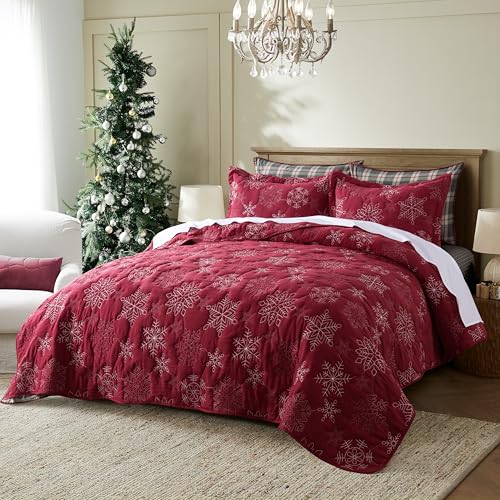 WDCOZY Snowflake Twin Size Christmas Quilt Bedspread with Pillow Shams - Holiday Red Lightweight Bed Coverlet for All Seasons Home Decor