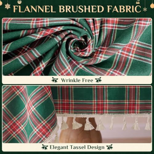Softalker 55" x 120" Green Christmas Plaid Tassel Tablecloth, Linen Cotton Blend