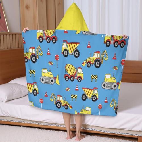 Kids Hooded Construction Truck Bath & Beach Towel - Soft Absorbent Cotton