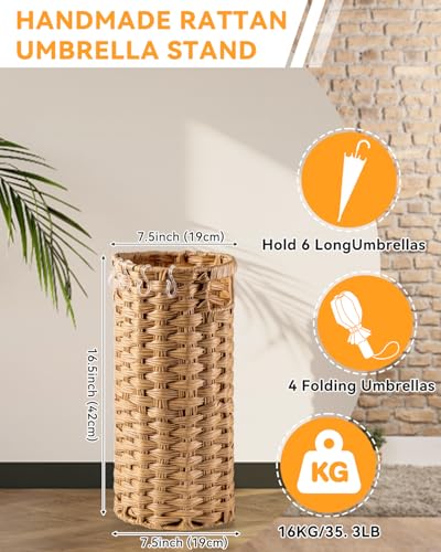 Woven Rattan Umbrella Stand with Drip Tray, Door Mat, and Hooks