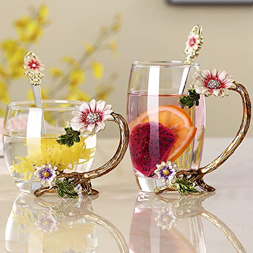 11oz Enamel Sunflower Crystal Lead-Free Glass Tea Cup & Spoon Set – Perfect Gift for Christmas & Valentine's Day