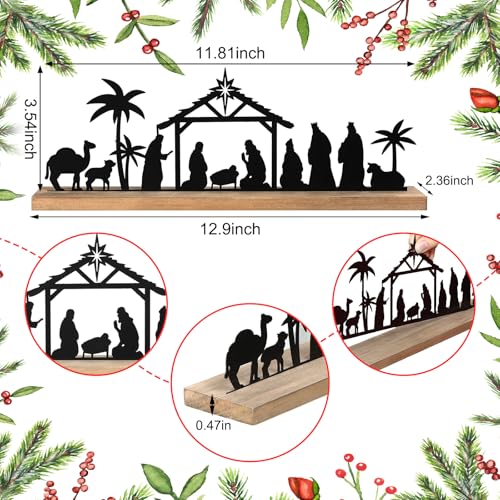 Black Metal Nativity Scene Display with Wood Base for Christmas Table Decor