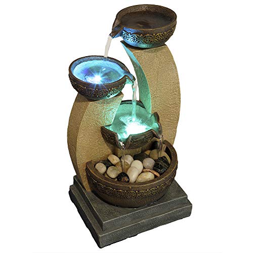 11-Inch Golden Tiered Bowl Tabletop Fountain with Color-Changing LED Lights