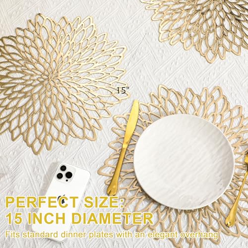 Set of 4 Round Gold Metallic Placemats, Heat-Resistant Floral Table Mats
