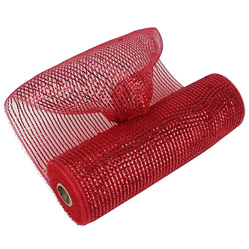 MEEDEE Red Mesh Ribbon 10 Inch Wide, 30 Feet Metallic Deco Mesh Roll for Christmas & Crafts - Red / 10 Inch