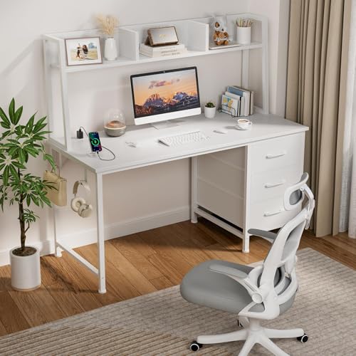 47-Inch Computer Desk with Hutch, 3 Drawers, and Power Outlets