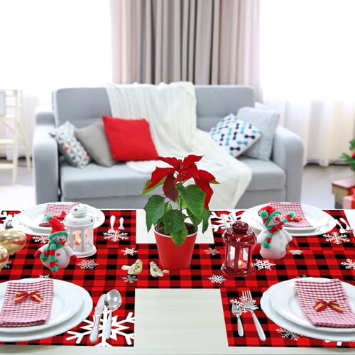 Irenare Snowflake Style Christmas Table Runner and Placemats Set Buffalo Plaid, 7 Pieces