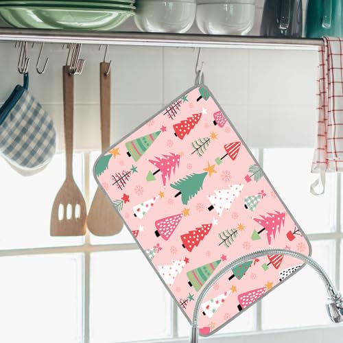 Whaline Christmas Dish Drying Mat Pink Cartoon Xmas Pine Tree